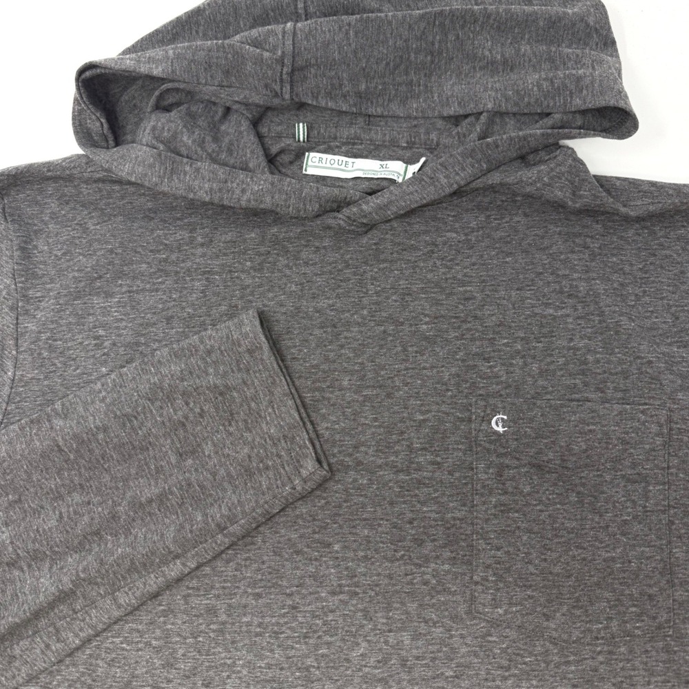 Criquet Mens XL Charcoal Grey Heathered Long Sleeve Hooded Pocket T-Shirt Logo